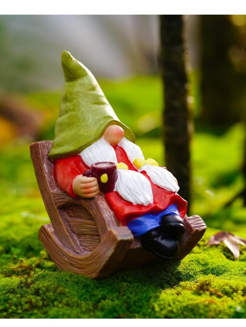 Gnome On Rocking Chair Drinking Coffee